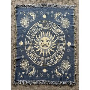 Vintage Zodiac Blanket Blue 56x44 Celestial Woven Tapestry Sun Throw Astrology